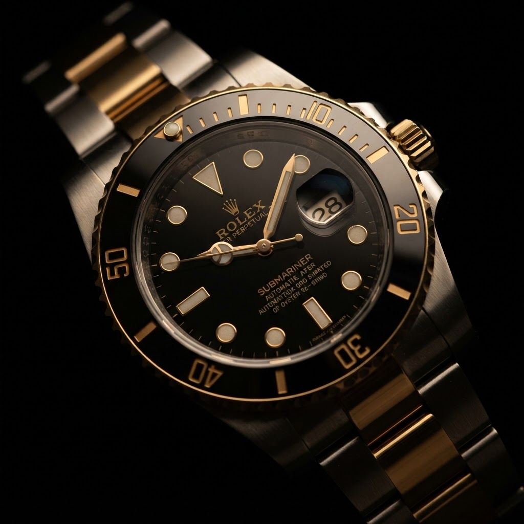 Close-up of a luxury gold and steel automatic wristwatch