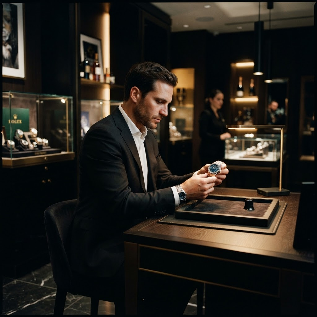 A collector examining a timepiece during a private viewing